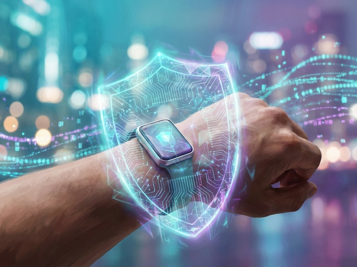 An artistic representation of privacy and technology, a glowing digital shield overlaying a small wearable device, soft bokeh background, cyan and purple accent lighting, 4:3