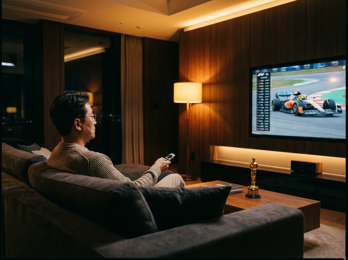 A middle aged Korean man sitting on a comfortable sofa in a modern dimly lit living room watching a high speed Formula 1 race on a large flat screen TV cinematic lighting warm atmosphere Apple TV Oscars theme 4:3