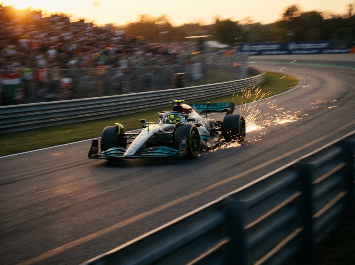 A professional Formula 1 race car speeding on a modern race track with motion blur and sparks flying from the bottom high quality cinematic shot Apple TV Oscars atmosphere 4:3