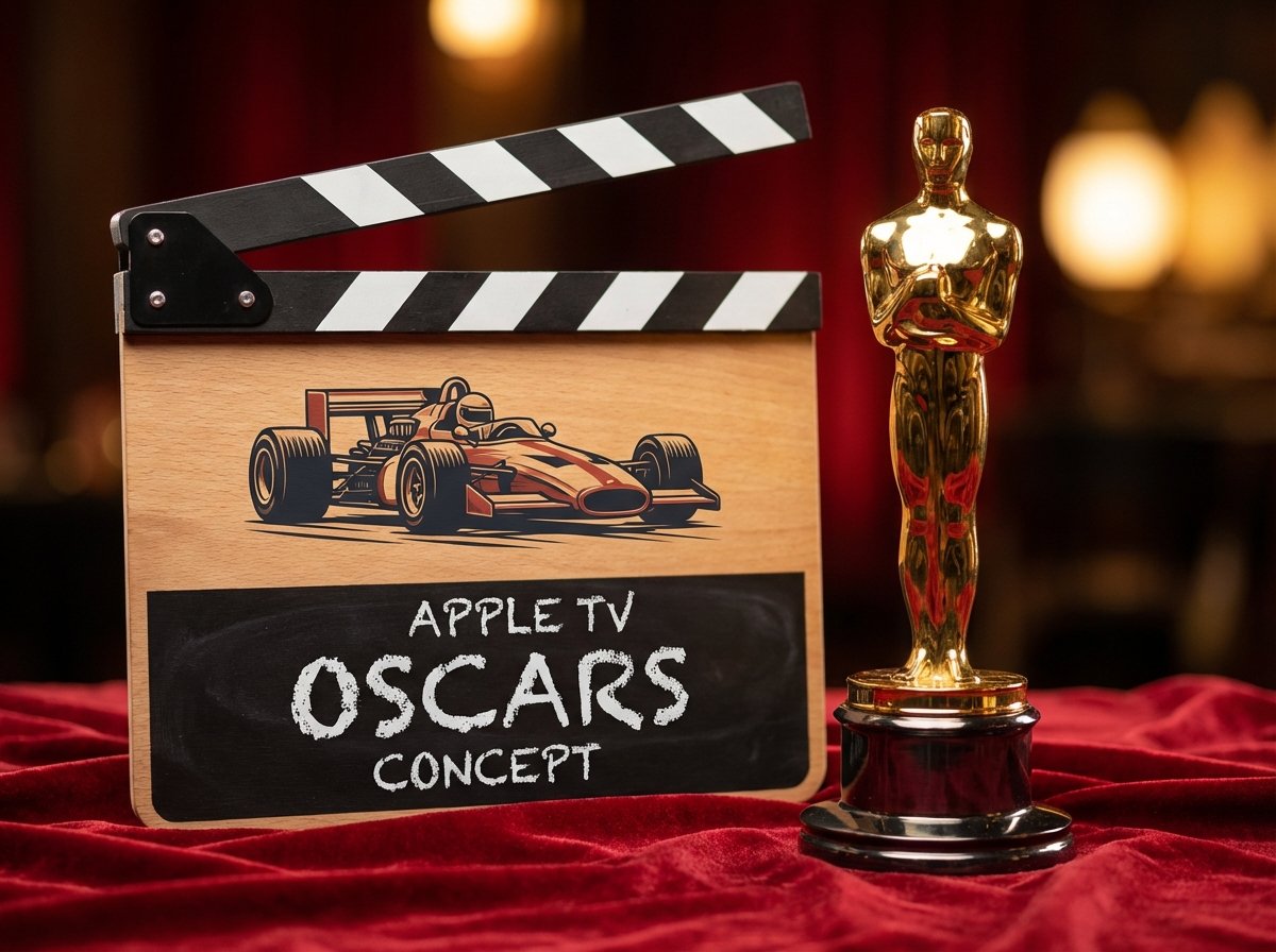A golden Oscar trophy standing next to a professional movie clapperboard with a race car illustration on it on a red velvet background Apple TV Oscars concept 4:3