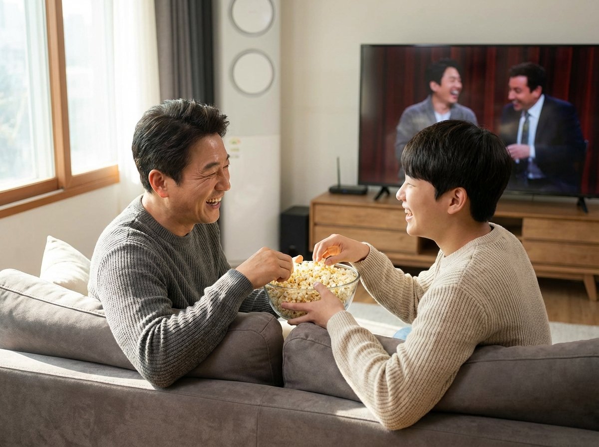 A middle aged Korean father and his teenage son sitting on a sofa watching a movie together laughing and eating popcorn high quality lifestyle photography 4:3
