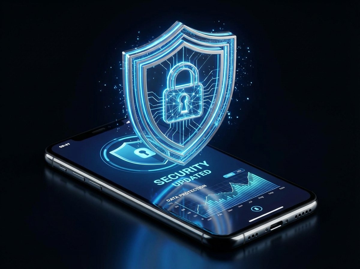 A glowing digital security shield icon over a smartphone screen, representing mobile data protection and security updates, blue and silver high contrast, 4:3