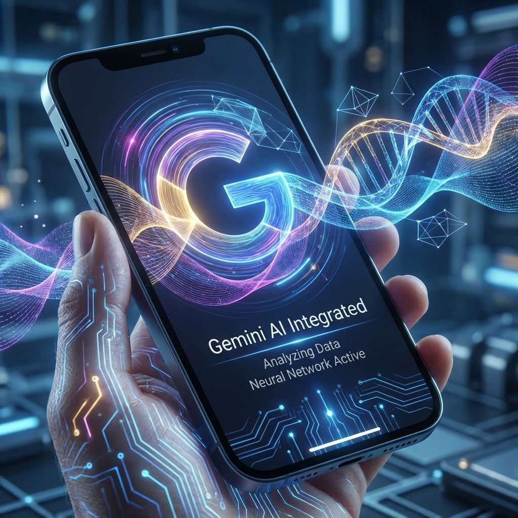 A futuristic AI assistant interface on an iPhone screen showing glowing light patterns and data waves, representing the integration with Google Gemini, 1:1