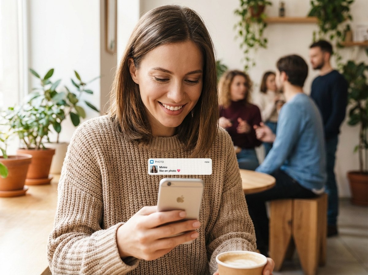 A person in a modern cafe looking happily at their iPhone screen, showing a satisfied facial expression, natural lighting, lifestyle photography, 4:3