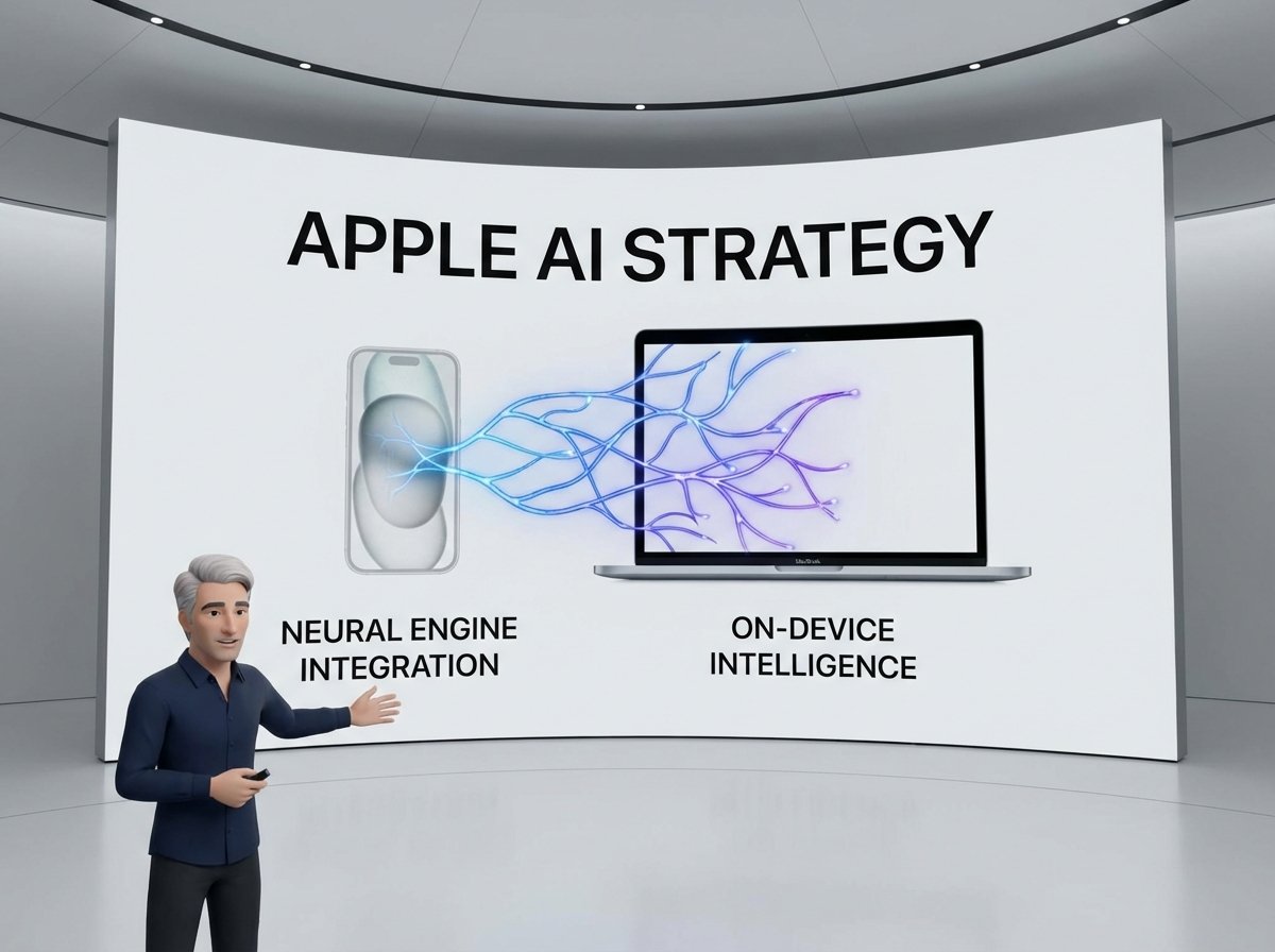 A sleek and modern conceptual illustration of Apple AI Strategy with a glowing neural network integrated into an iPhone and Mac interface, Craig Federighi style software presentation, bright balanced lighting, professional aesthetic, 4:3