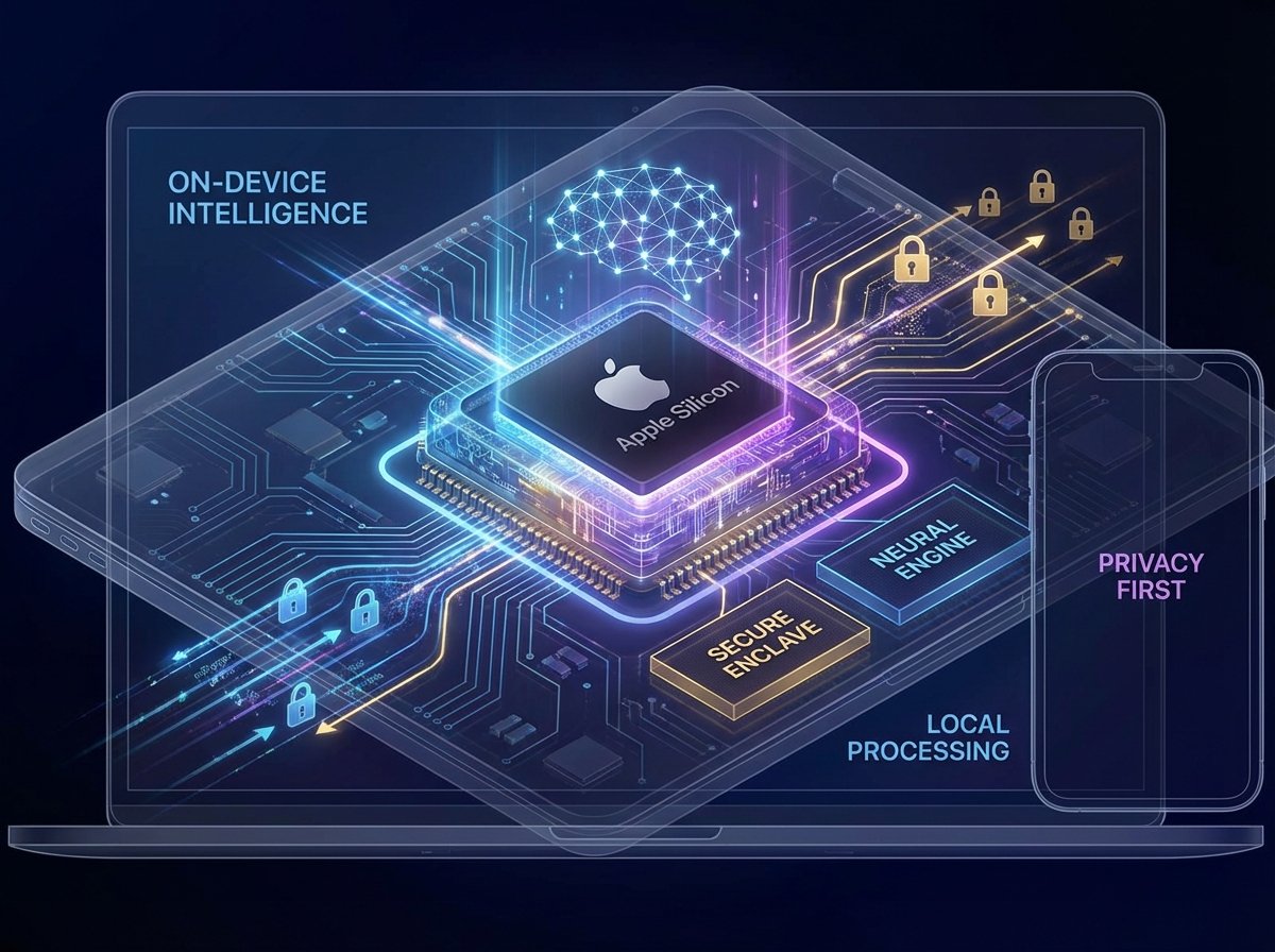 A conceptual graphic of a microchip with Apple Silicon logo processing artificial intelligence data locally on a device, emphasizing security and privacy, modern tech layout, 4:3