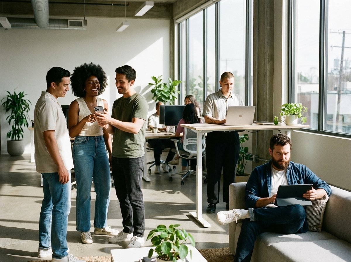 A group of diverse people using various Apple devices like iPhone and MacBook in a modern office, natural expressions, high contrast, clean lifestyle photography, 4:3