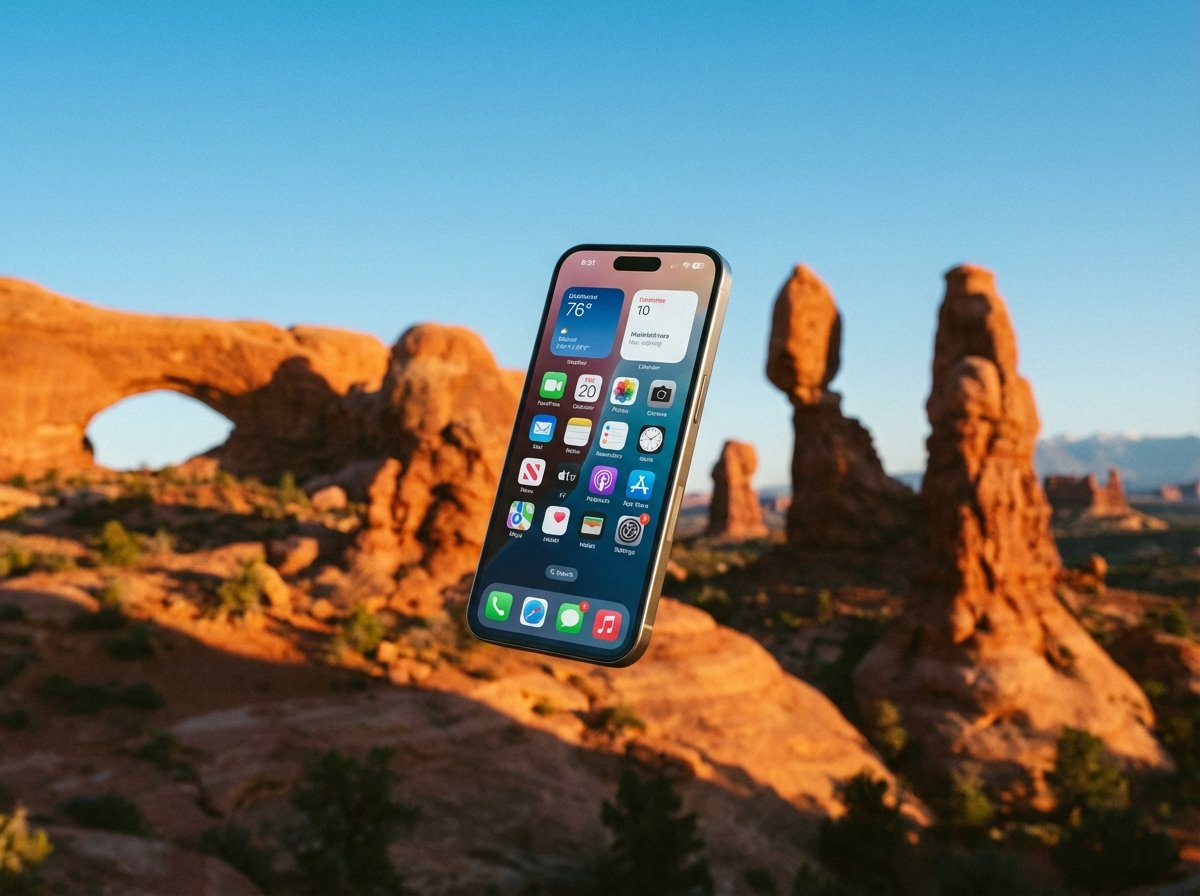 A high-tech smartphone floating in front of a scenic Utah landscape with red rock formations and a clear blue sky. The screen of the phone shows a modern mobile OS interface. Cinematic lighting, professional photography style, 4:3