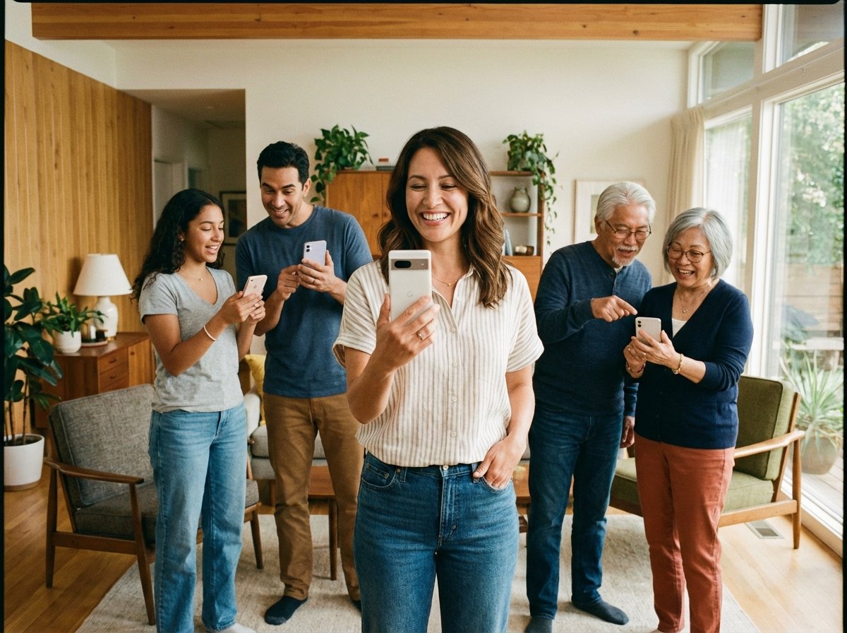 A diverse family sitting in a modern living room, with one person proudly holding an Android phone while others look on with their iPhones in a friendly, debating manner. Natural indoor lighting, warm atmosphere, lifestyle photography, 4:3