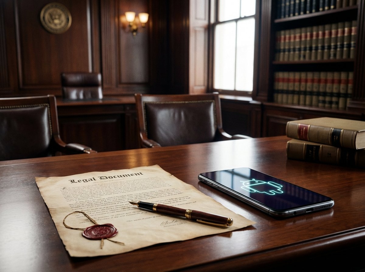 A formal legal document lying on a wooden desk with a classic quill pen, beside a modern smartphone displaying a stylized Android logo. The setting looks like a classic government office. High contrast, professional lighting, 4:3
