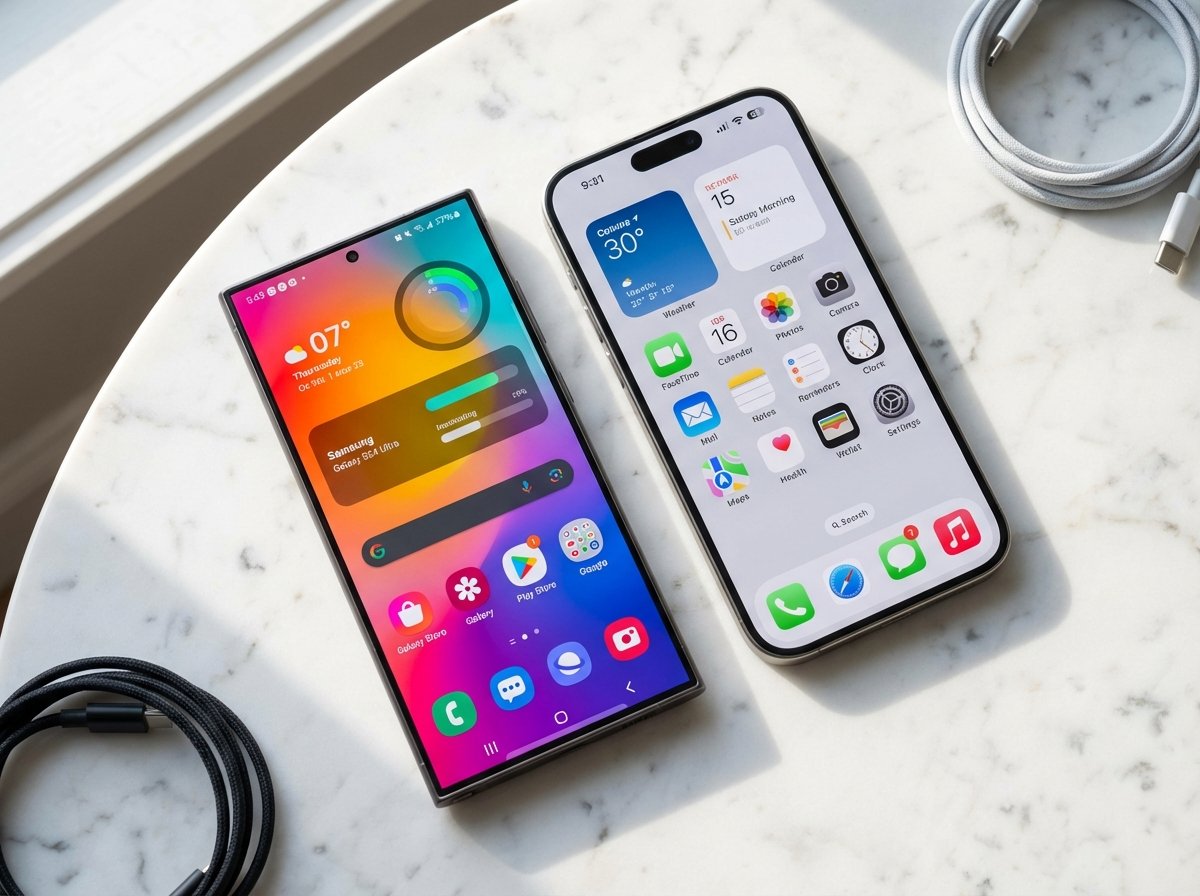 Two modern premium smartphones placed side by side on a marble table. One shows a vibrant Android home screen and the other shows a sleek iOS home screen. Soft natural morning light, top-down view, detailed composition, 4:3