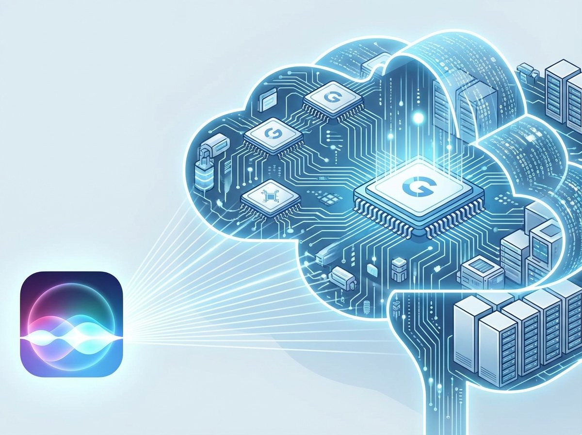 A high-tech conceptual illustration showing a stylized Apple Siri icon connecting to a glowing cloud infrastructure labeled with Google Tensor Processing Units. Modern, clean infographic style with blue and white tones, 4:3 aspect ratio. No text.