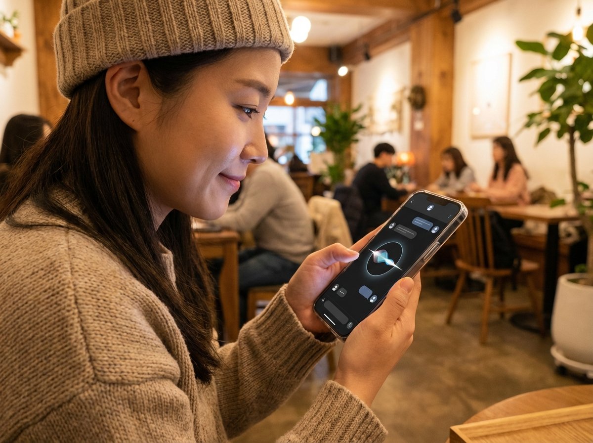 A Korean person holding an iPhone in a cozy cafe, looking at a sophisticated Siri chatbot interface on the screen. Natural lifestyle photography, warm lighting, 4:3 aspect ratio. No text.