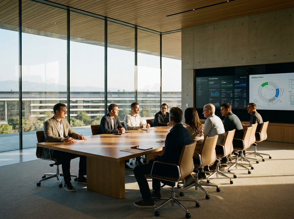 A professional cinematic shot of a modern high-tech corporate office boardroom in Cupertino, a group of focused executives in a meeting, minimalist aesthetic, warm natural lighting from large glass windows, 4:3