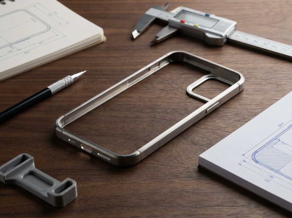 Close-up of a high-end sleek metallic smartphone frame on a designer desk, industrial design tools nearby, soft studio lighting, professional photography, 4:3