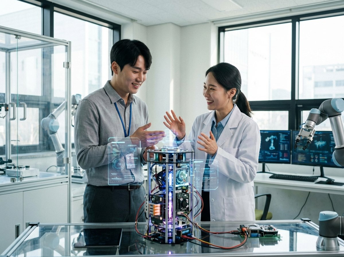 Professional Korean male and female engineers collaborating on a futuristic hardware prototype in a clean tech lab, natural expressions, high-tech background, 4:3