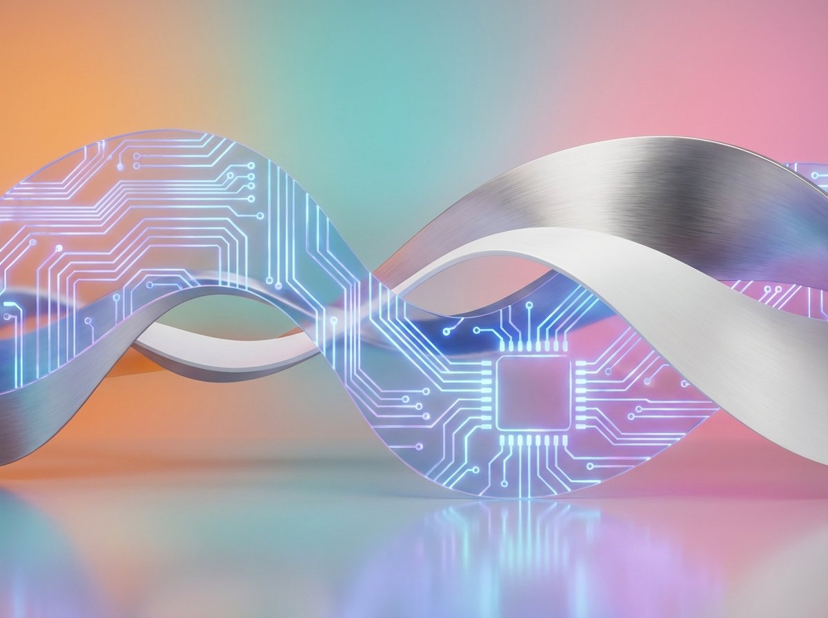 An abstract artistic representation of technology meeting design, glowing circuits merging with elegant fluid curves, modern minimalist art style, vibrant gradient background, 4:3