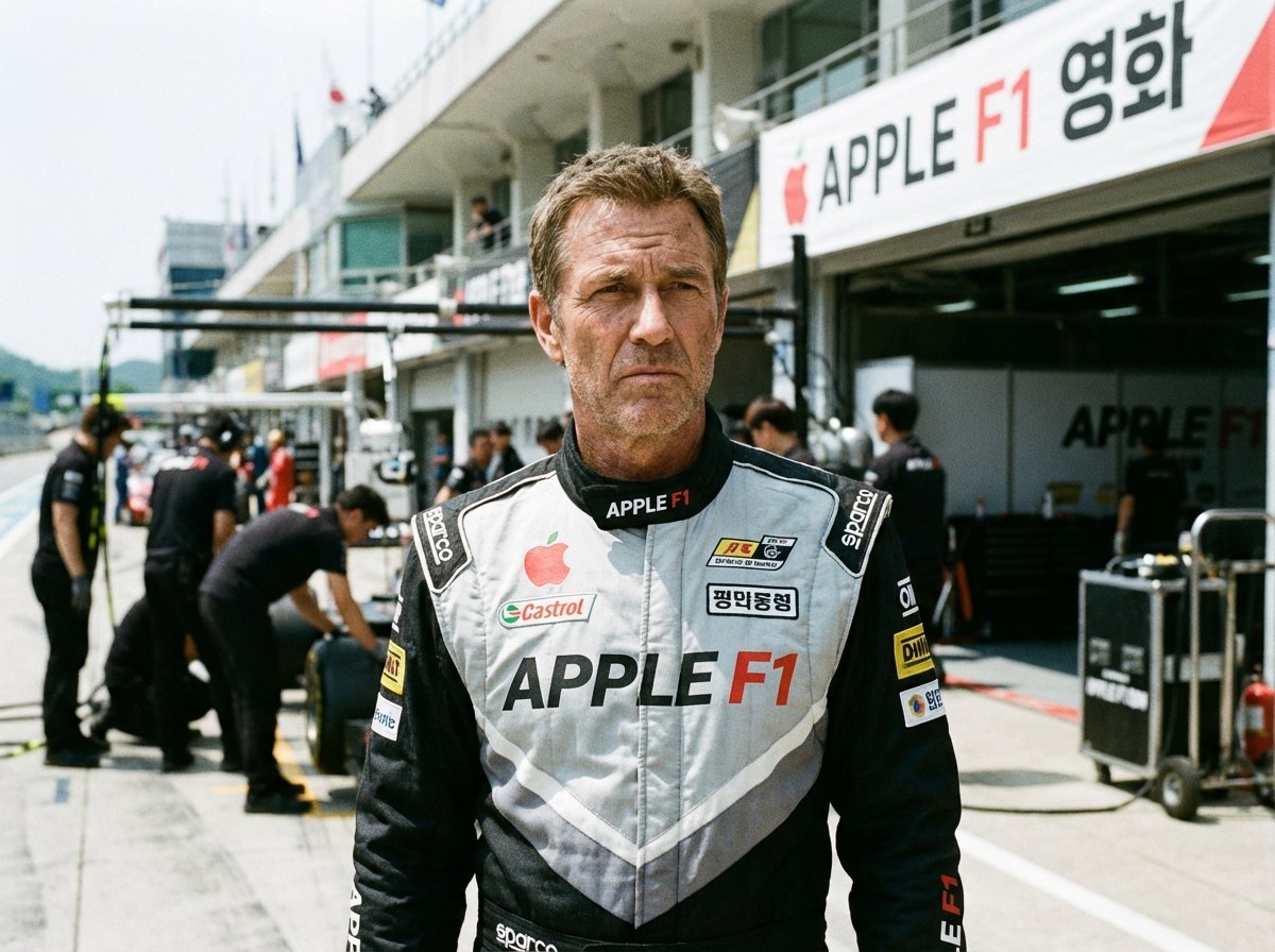 A mature male actor in a professional racing suit standing in a pit lane with a focused expression, realistic cinematic photography, Apple F1 영화, 4:3