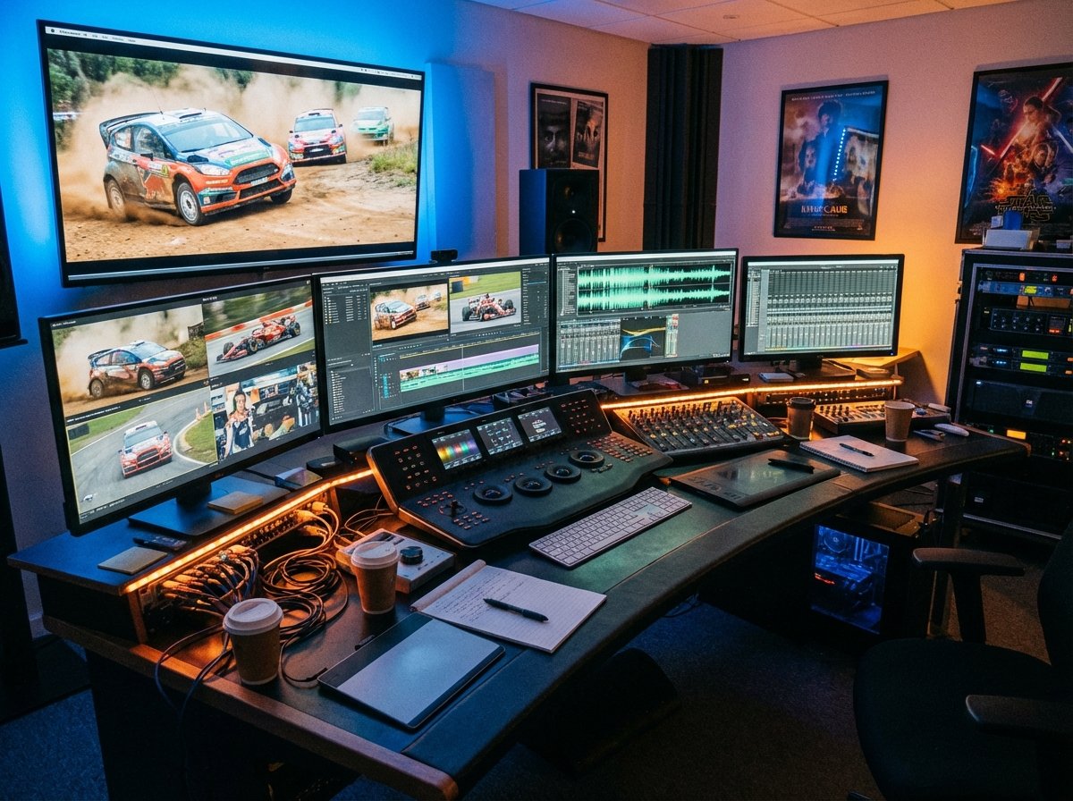 A high-tech film editing suite with multiple monitors showing intense racing scenes and sound wave patterns, creative workspace, 4:3