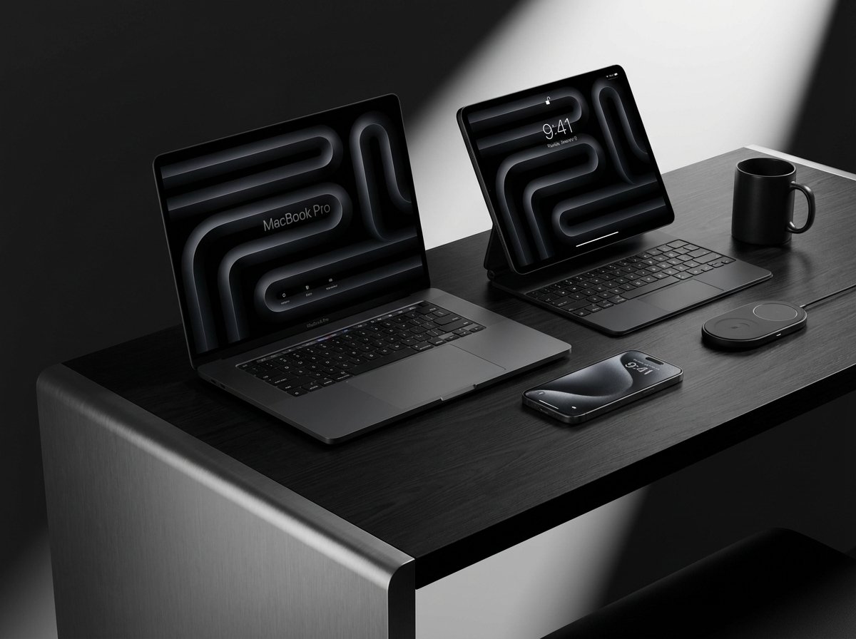A sleek, modern desk with an iPhone, iPad, and MacBook showing a unified and elegant user interface. The design is minimalist and sophisticated. High contrast, clean lines, studio lighting. 4:3