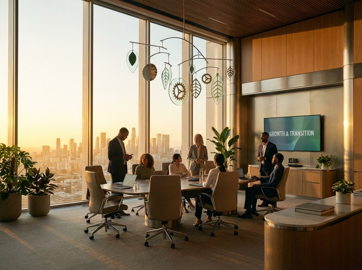 A wide shot of a modern, high-tech corporate meeting room with a large window looking out at a sunrise. Symbols of growth and transition. Warm, hopeful lighting, professional atmosphere. 4:3