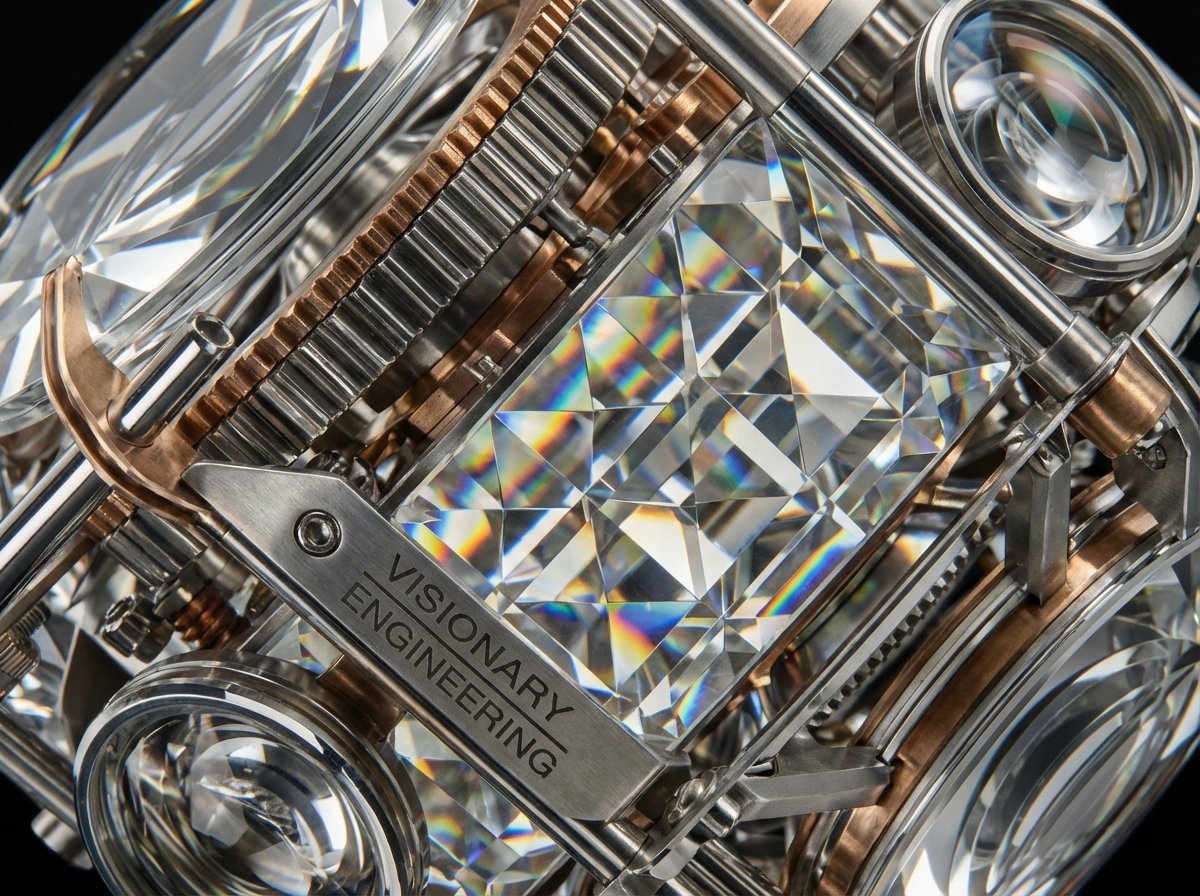 A detailed macro shot of a sophisticated glass and metal structure, reflecting light in a clean and organized pattern. Symbolizes precision engineering and visionary design. 4:3