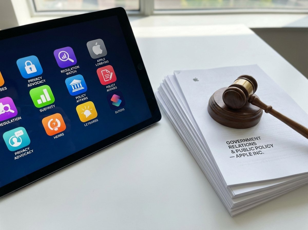 A digital screen displaying various colorful app icons next to printed legal documents and a gavel, clean composition, vibrant colors, Apple Lobbying focus, 4:3