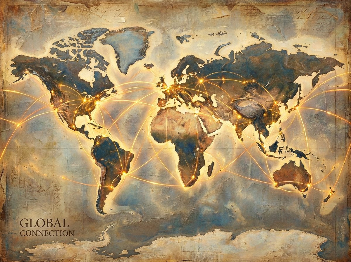 An artistic rendering of a world map with glowing lines connecting major cities, representing global trade and technology networks, textured background, warm lighting, 4:3