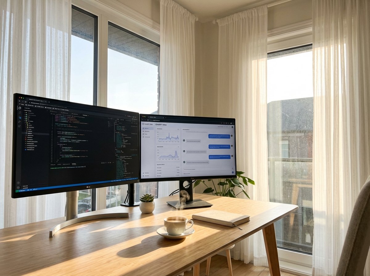 A bright and airy home office with a dual monitor setup. One screen shows complex web development tools and the other shows ChatGPT Atlas performing tasks quickly. The environment is calm and organized, reflecting a smooth and fast user experience. Natural morning sunlight coming through a window. 4:3