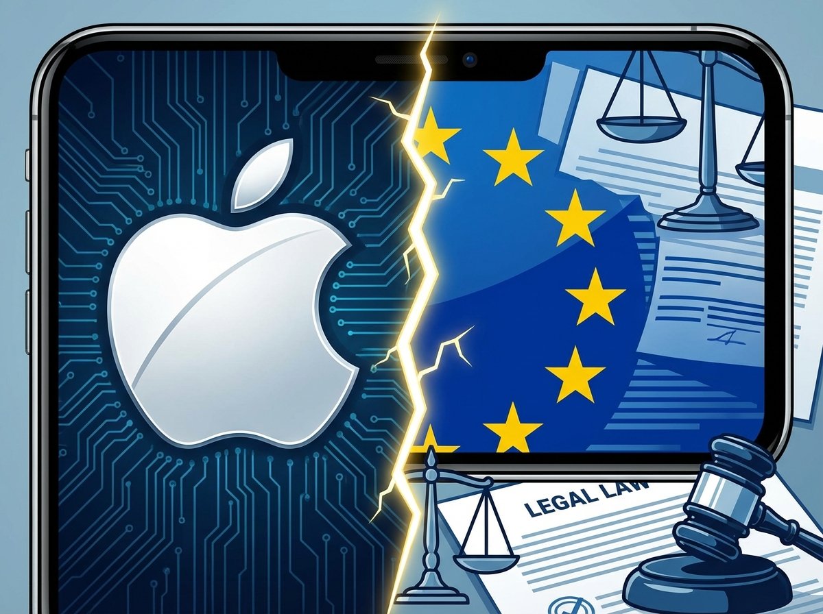 A professional digital illustration showing a smartphone screen split between the Apple logo and the European Union flag, symbolizing a legal and regulatory battle, high contrast, modern design, 4:3