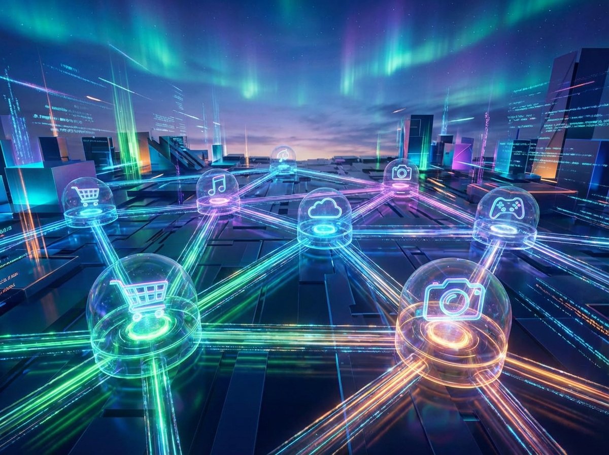A futuristic digital landscape with interconnected glowing nodes representing a diverse app ecosystem, vibrant colors, detailed composition, 4:3