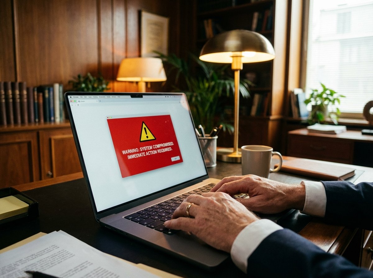 A realistic photo of a person's hands on a laptop keyboard, the screen shows a red warning pop-up window with a caution symbol, warm indoor lighting, professional atmosphere. 4:3