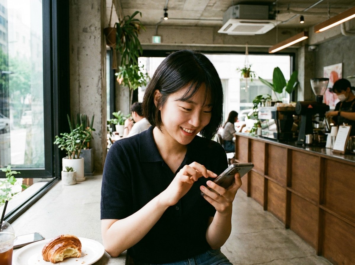 A person with Korean appearance using a smartphone in a modern cafe, fingers tapping on the screen, natural lighting, lifestyle photography. 4:3