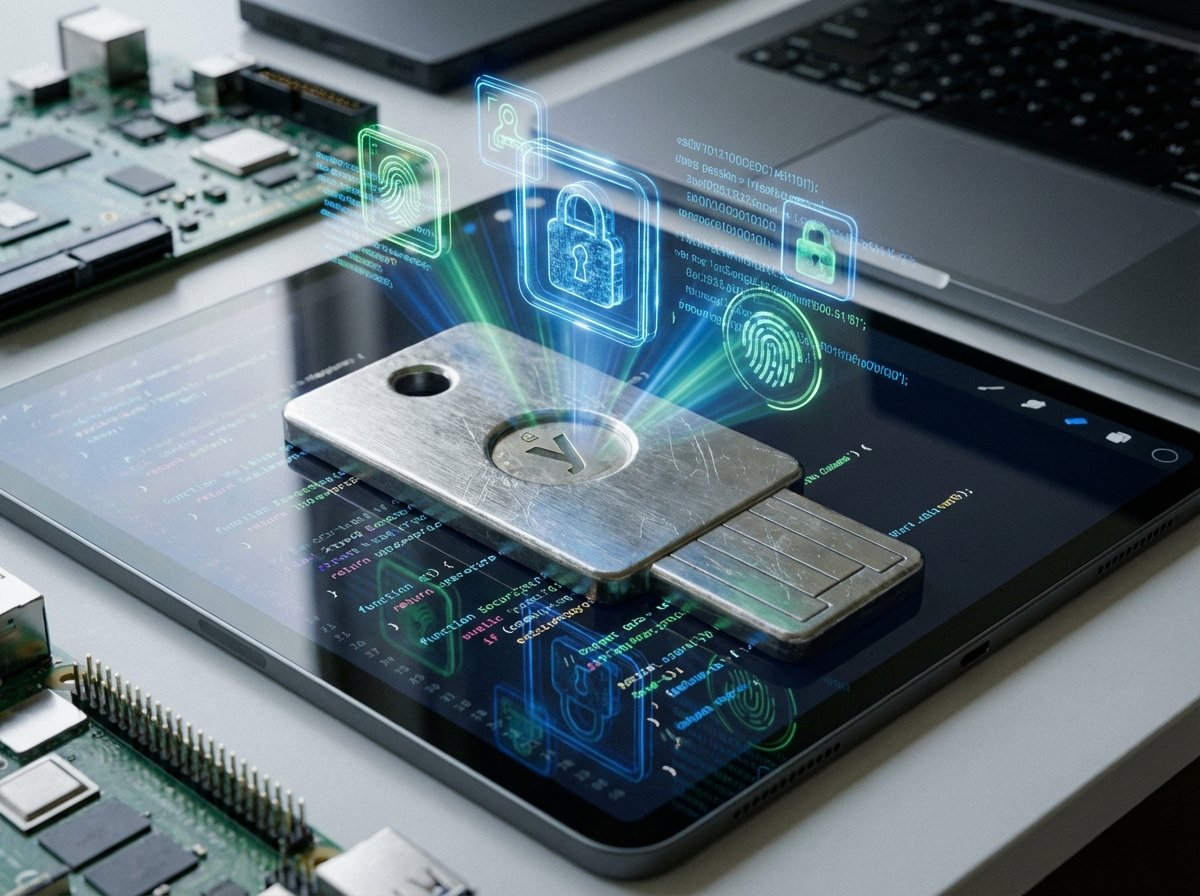 Detailed close-up of a silver hardware security key and digital holographic passkey icons floating above a tablet, tech-focused, professional composition. 4:3