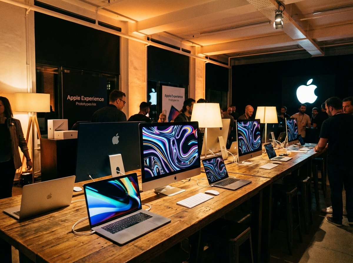A professional creative studio with high-end computer monitors showing colorful abstract designs, warm interior lighting, sleek silver laptops on a wooden desk, and a modern aesthetic representing the Apple Experience event atmosphere, high contrast, 4:3