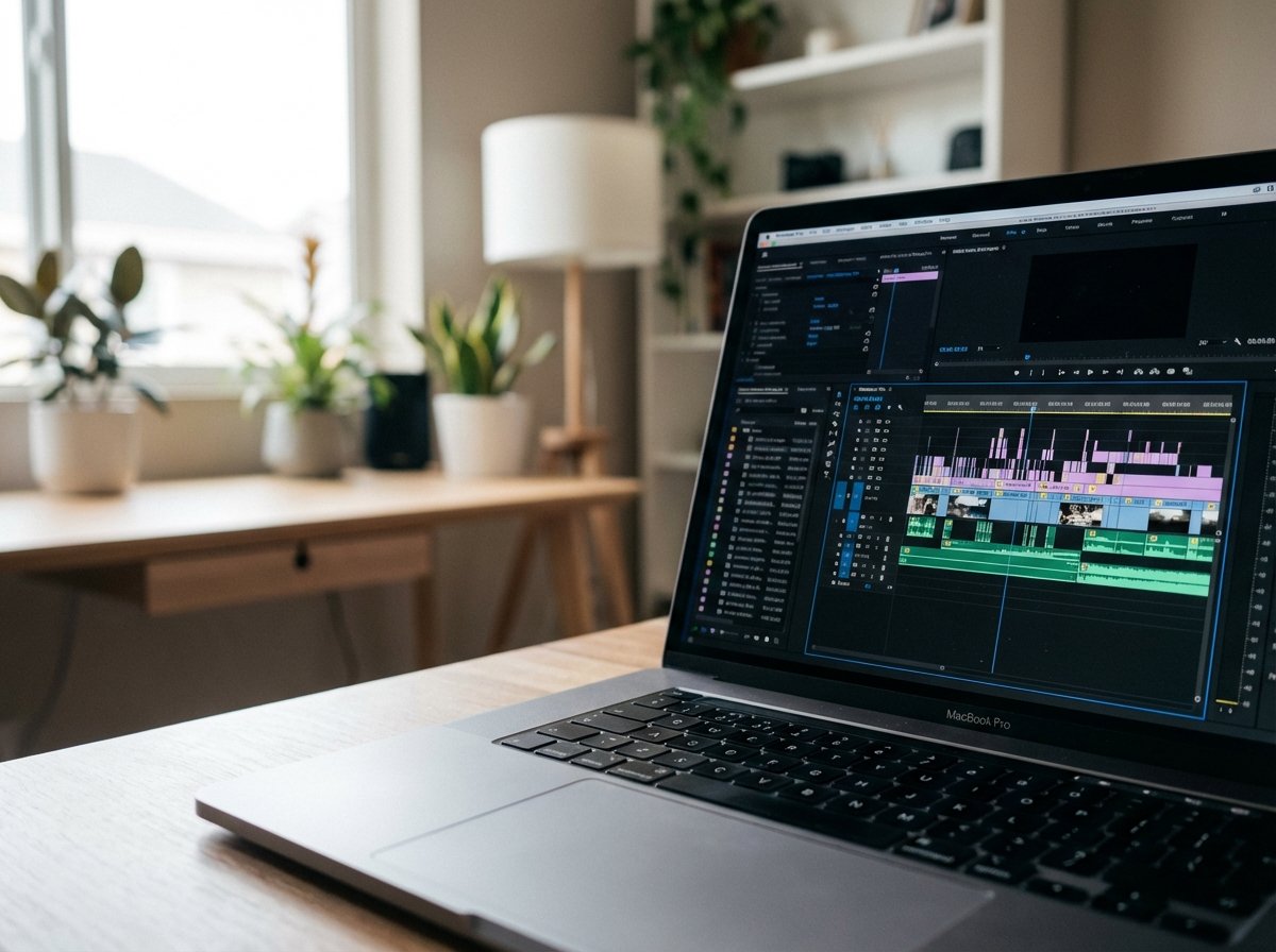 Close up shot of a powerful silver professional laptop showing complex video editing software timeline, soft bokeh background of a home office, neutral colors, cinematic lighting, emphasizing professional hardware, 4:3
