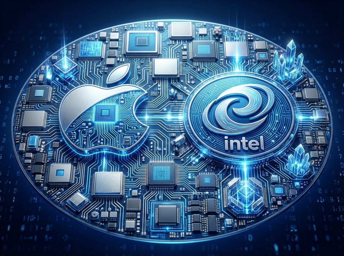 A conceptual digital art piece showing the Apple logo and Intel logo side by side on a futuristic semiconductor wafer, blue and silver tech color palette, high contrast, visually rich, 4:3