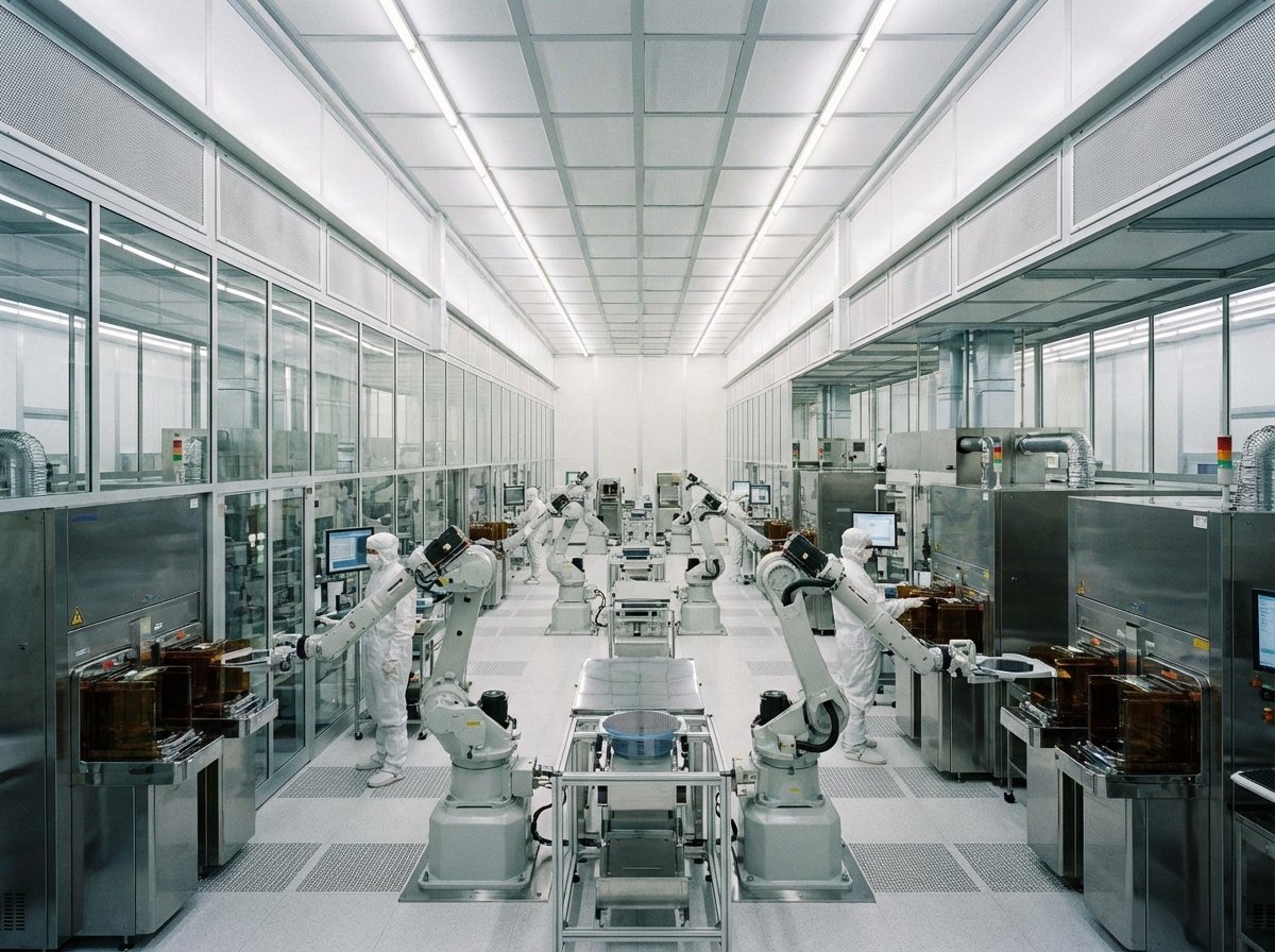 High-tech semiconductor manufacturing facility cleanroom with robotic arms and silicon wafers, professional lighting, modern industrial layout, 4:3