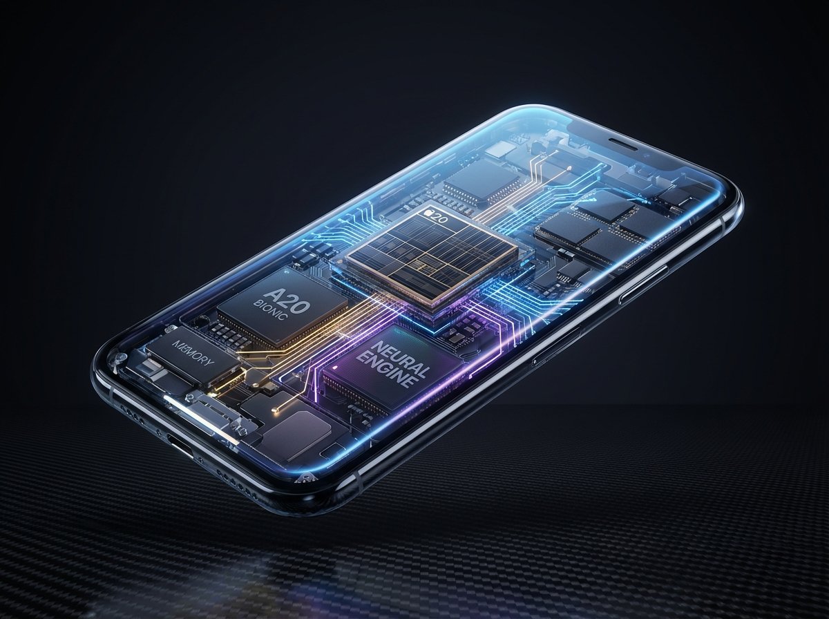 A sleek futuristic iPhone showing its internal processor layout and circuitry, high-end 3D render, glowing light paths, detailed tech components, 4:3