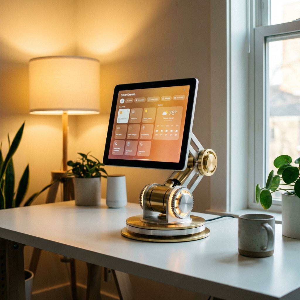 A futuristic smart home display device on a white desk featuring a robotic rotating base and a square screen, warm lighting, 1:1