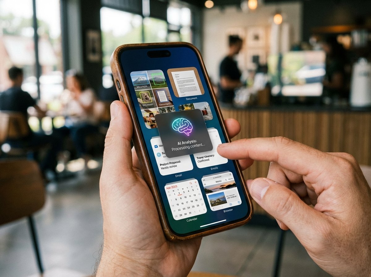 A person holding an iPhone showing a complex multitasking interface where an AI assistant is analyzing on-screen photos and emails, 4:3
