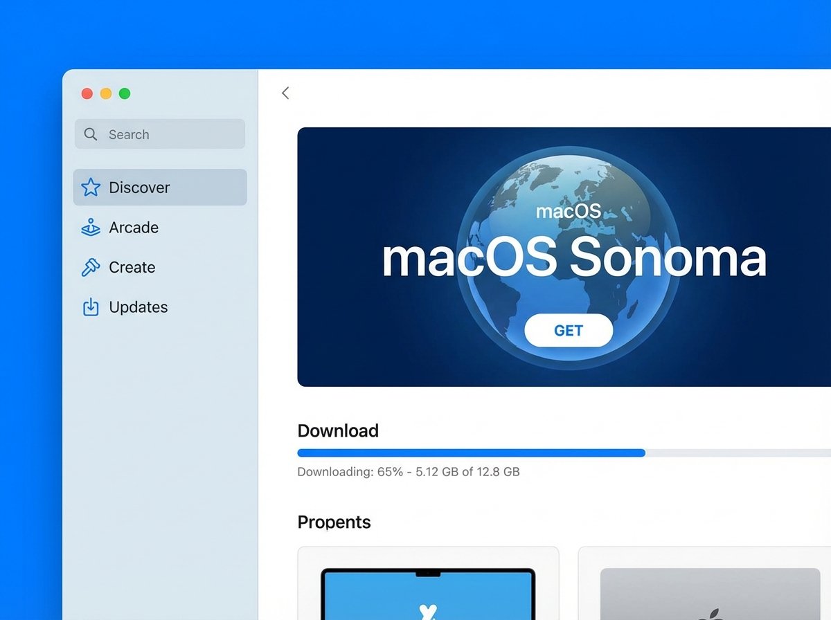 A clean infographic showing the Apple Mac App Store interface with a focus on downloading a macOS installer. Modern layout, high contrast, blue and white tones. 4:3