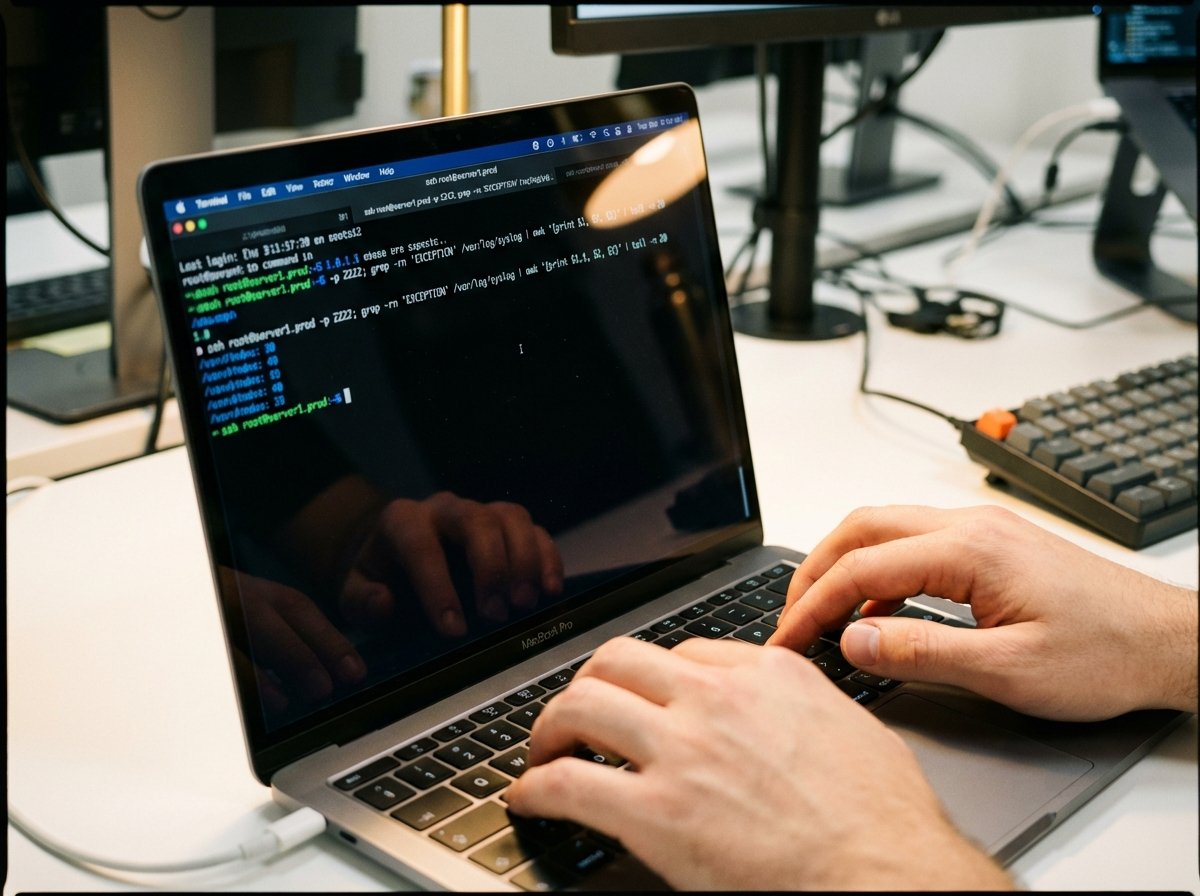 Close-up of a person hands typing complex commands into a black terminal window on a Mac screen. Realistic lighting, focus on the screen text, professional tech environment. 4:3