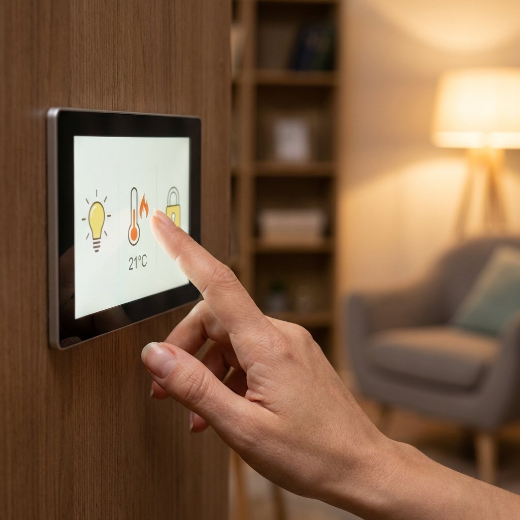 Close up of a person hand gently touching a small digital screen on a smart home device. The screen shows simple icons for home control like temperature and lighting. Warm interior lighting, cinematic focus, realistic skin texture, no text. 1:1