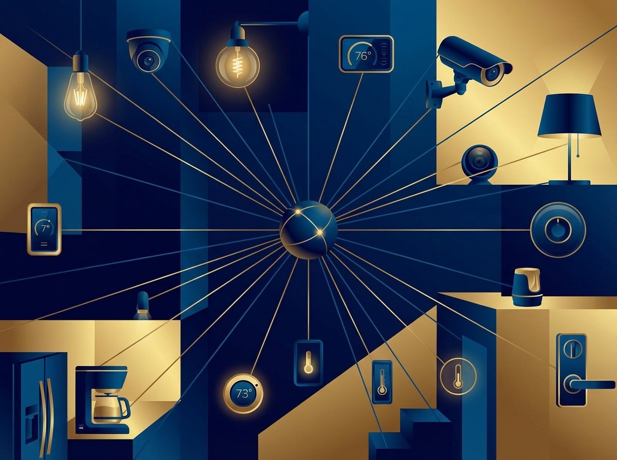 Conceptual illustration of a connected smart home ecosystem with thin glowing lines connecting various household items like lamps, cameras, and thermostats to a central hub. Modern artistic style, deep blue and gold color palette, high contrast, no text. 4:3
