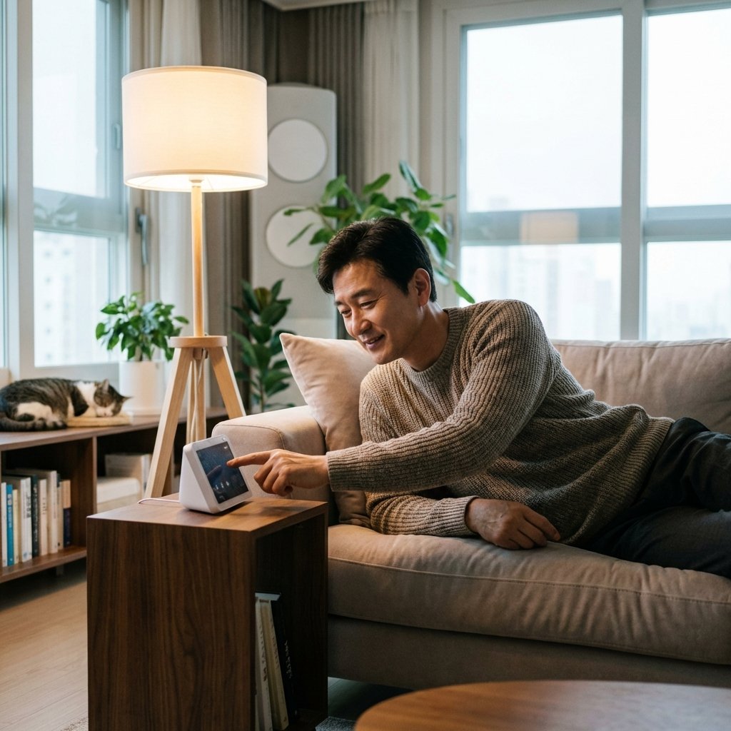 A Korean man sitting comfortably on a sofa in a modern apartment, looking satisfied while interacting with a small smart screen device on a side table. Cozy atmosphere, soft lighting, high resolution, detailed composition, no text. 1:1