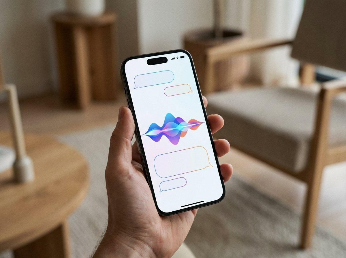 A close up of a hand holding an iPhone showing a modern chatbot interface with colorful AI voice waves and conversational speech bubbles. Elegant and minimal background. No text. 4:3