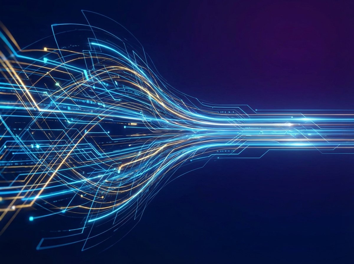 Abstract representation of software optimization showing glowing digital lines being streamlined and organized against a deep blue gradient background. High tech and clean aesthetic. No text. 4:3