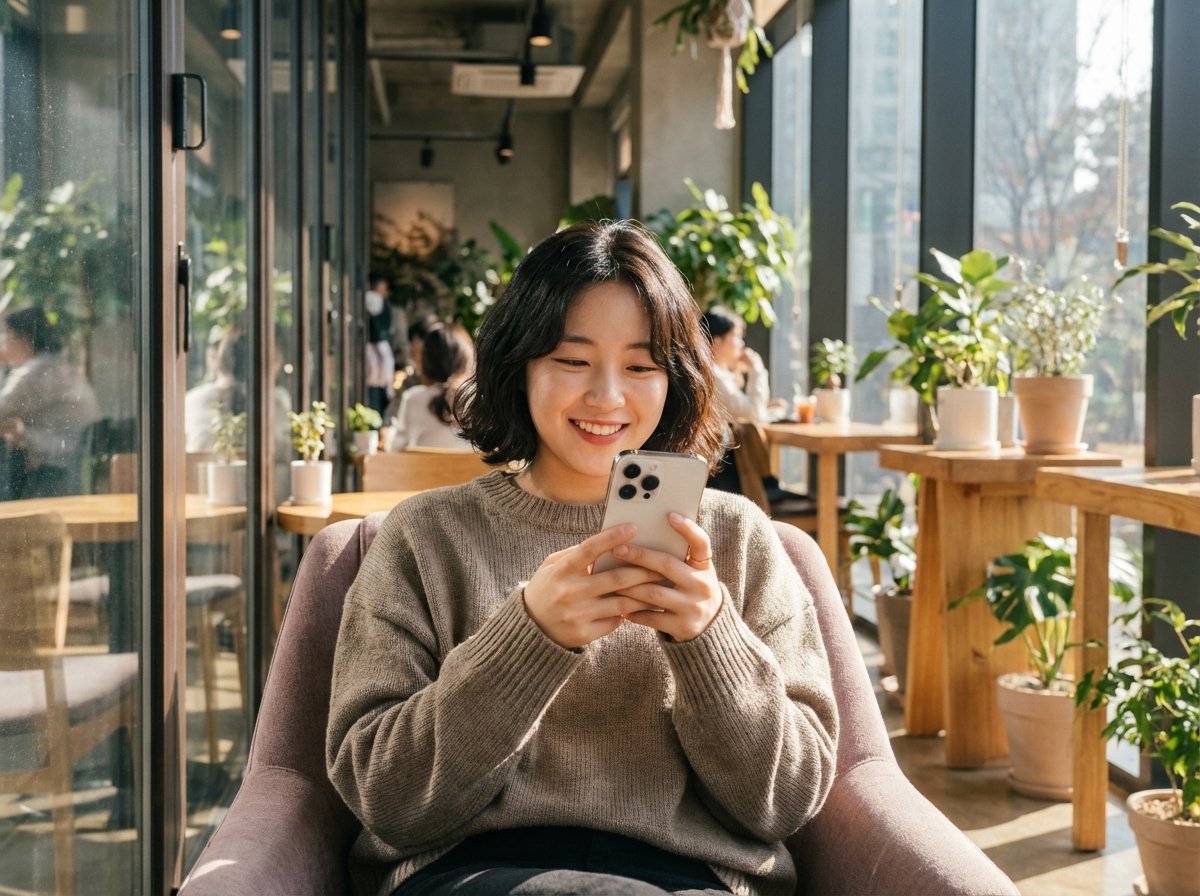 A young Korean person sitting in a bright and cozy modern cafe using a latest iPhone with a natural smile. Sunlight streaming through windows. High quality lifestyle photography. No text. 4:3