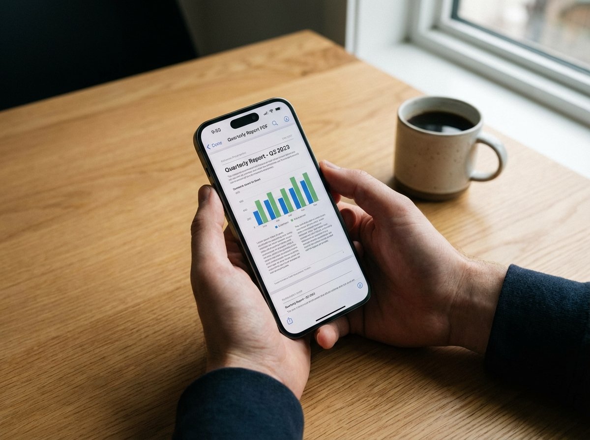 A person's hands holding an iPhone displaying a professional PDF document in the new Preview app. The background is a clean wooden desk with a coffee cup. Natural lighting, realistic photography, 4:3.